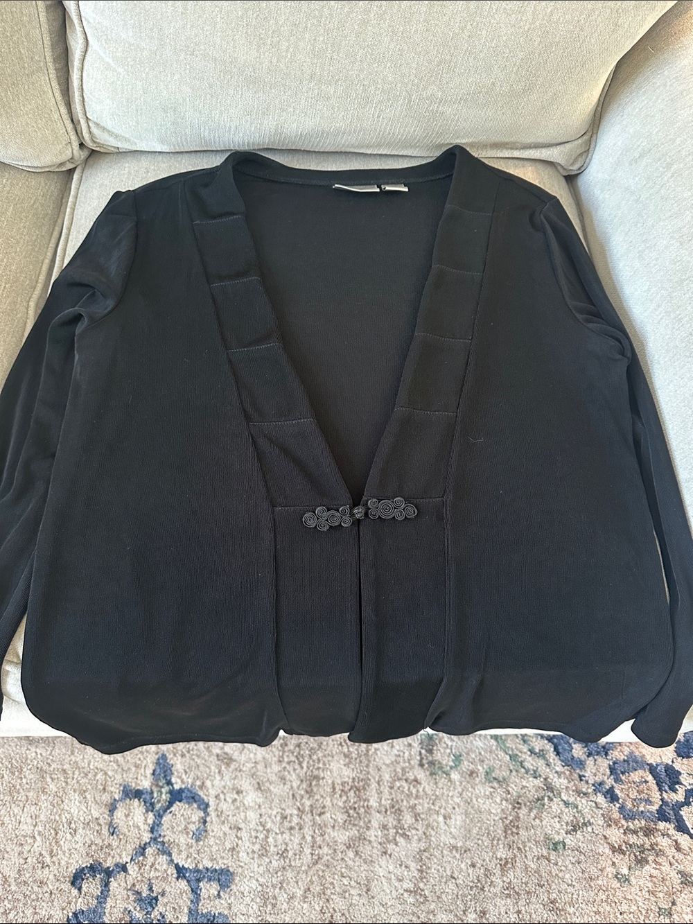 Chico's Black Long Sleeve Open-Front Cardigan with Frog Closure
